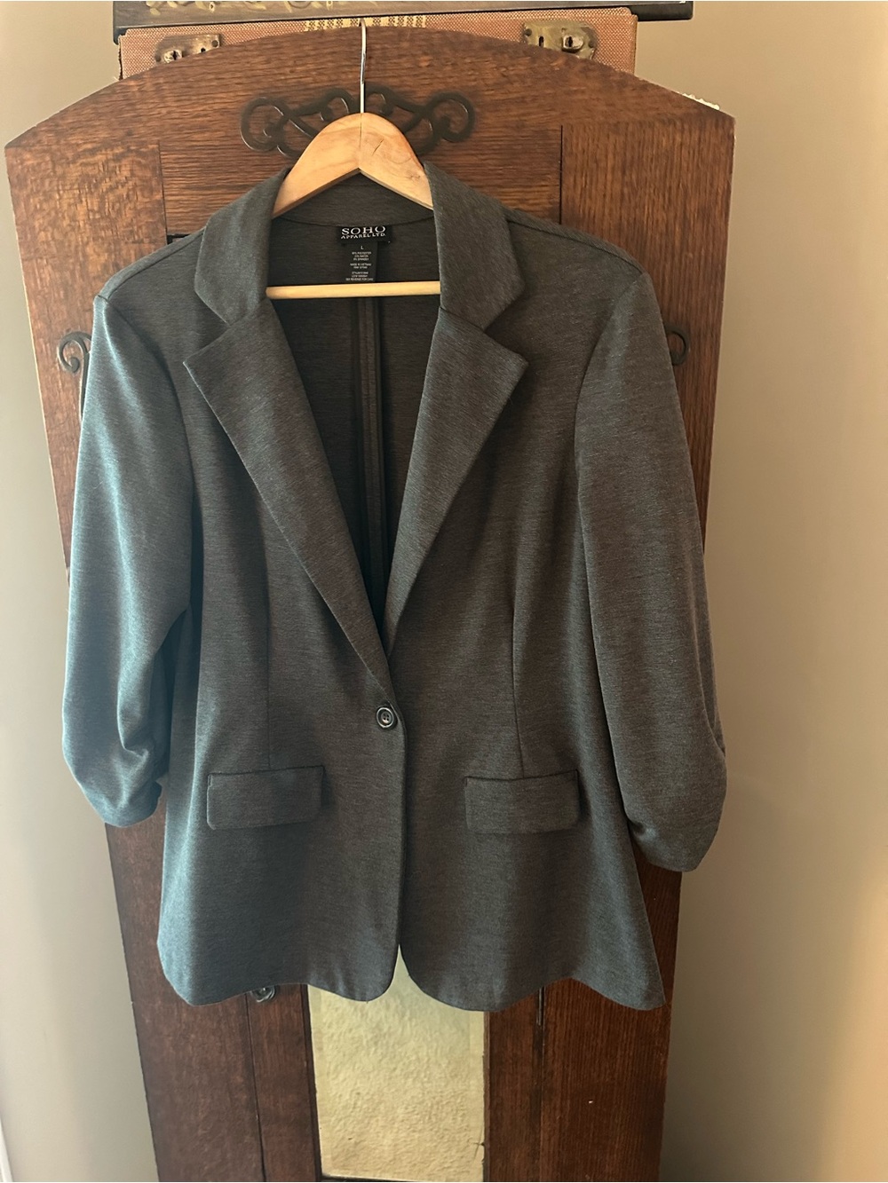 SOHO Grey Women's Blazer Jacket with 3/4 length ruched sleeve Size L Work Casual